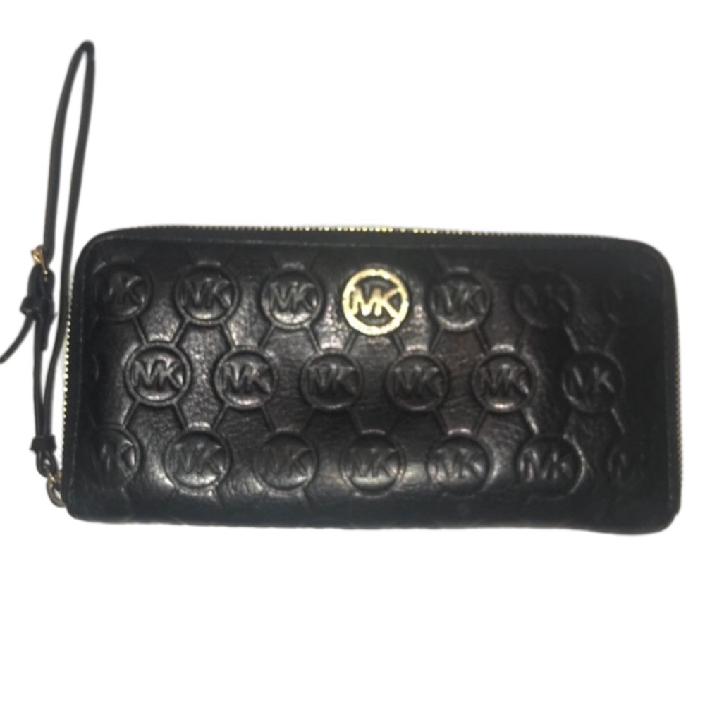 MK Logo Embossed Leather Wristlet Wallet